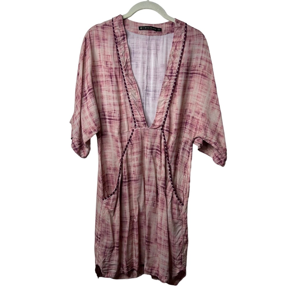 VIX Burgundy Pink Embroidered Trim Pockets Swim Cover Up Tunic Dress Medium